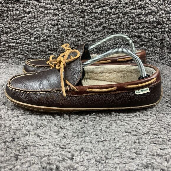 LL Bean  Leather Slippers Mens Sz 10 Brown Shearling Lined Moccasin - Picture 1 of 8
